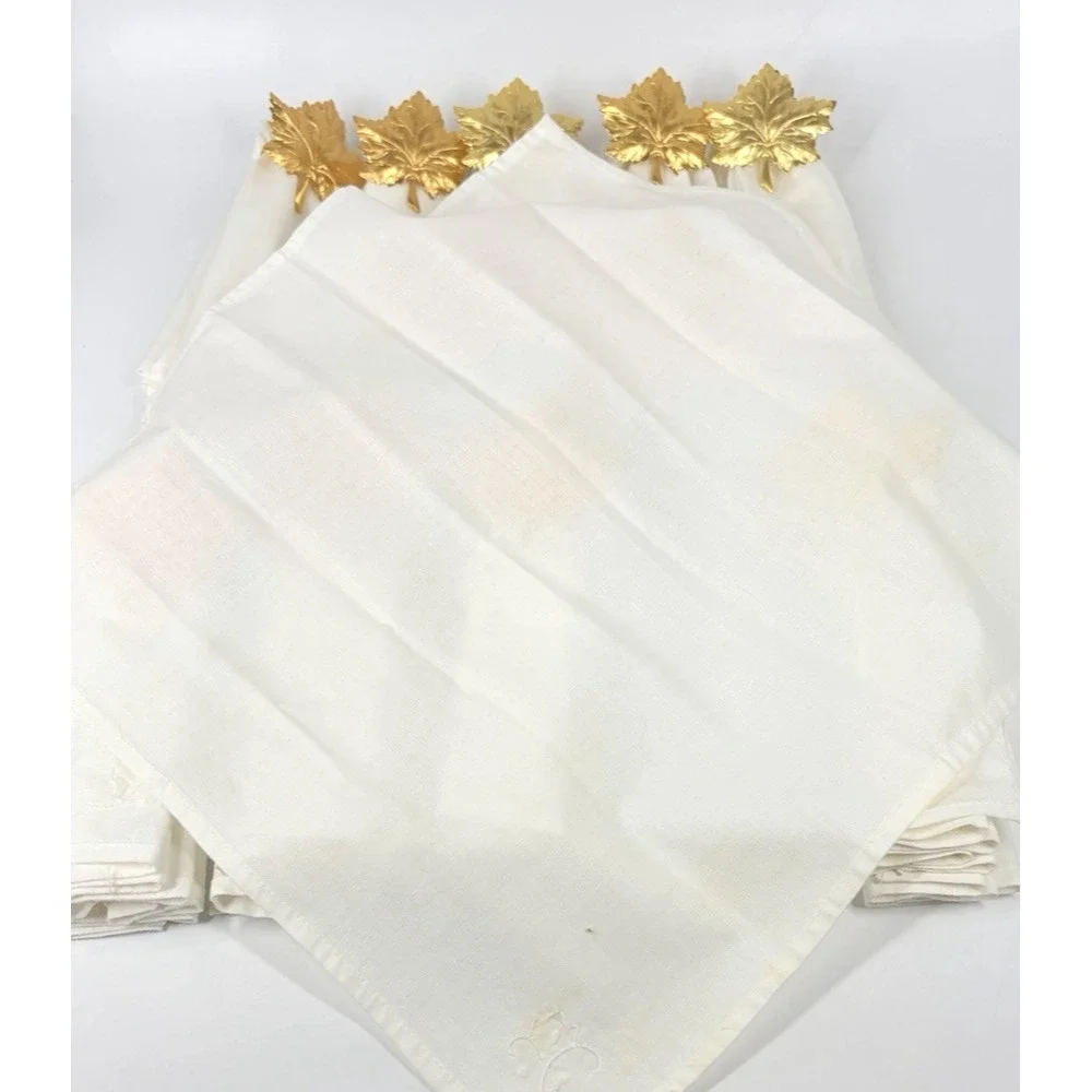Gold Tone Metal Maple Leaf Napkin Rings 12 Pc Fall Autumn w/ Embroidered Linens